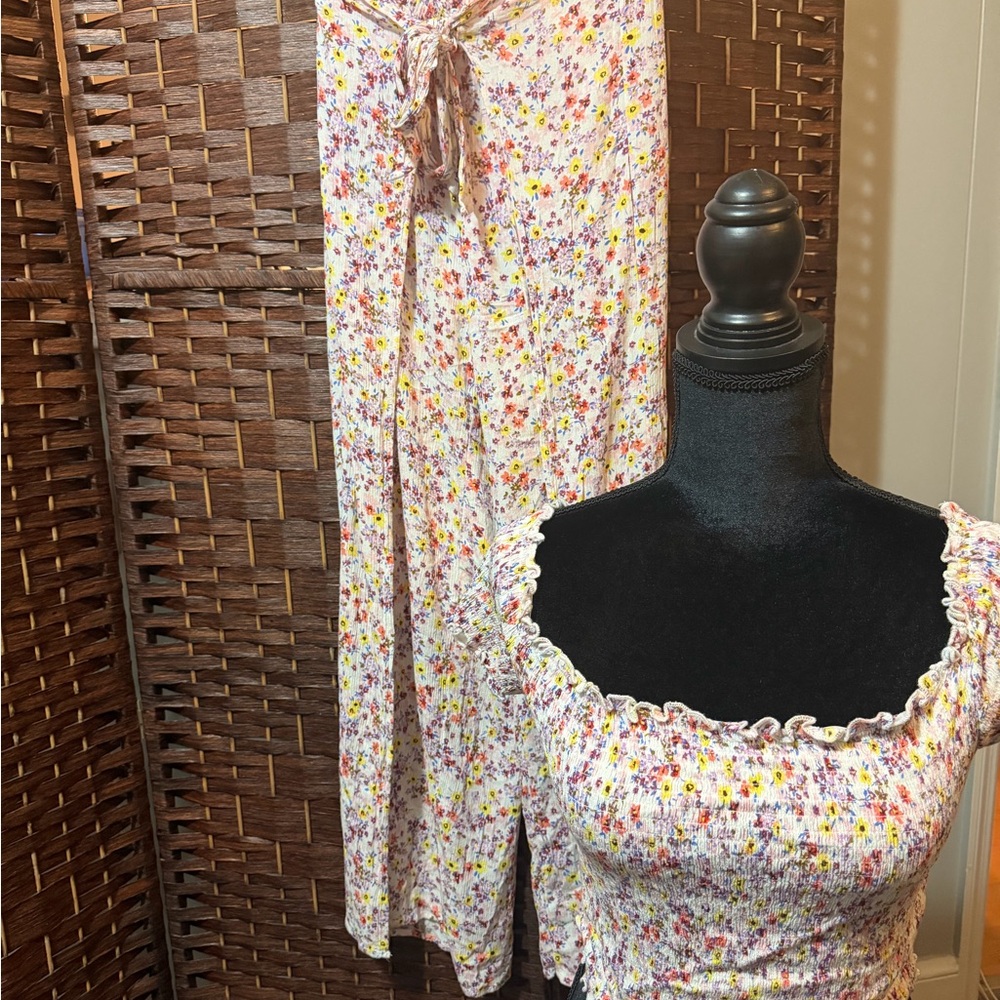 Floral Smocked Crop Top and Wide Leg Pants Set - Pink/Yellow/Orange Floral